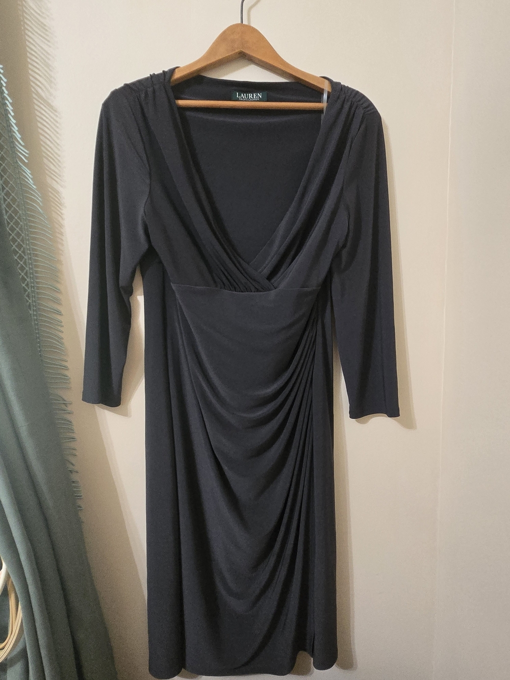 Lauren Ralph Lauren Womens 14 Black Sheath Dress Ruched V Neck 3/4 Sleeve Knee L